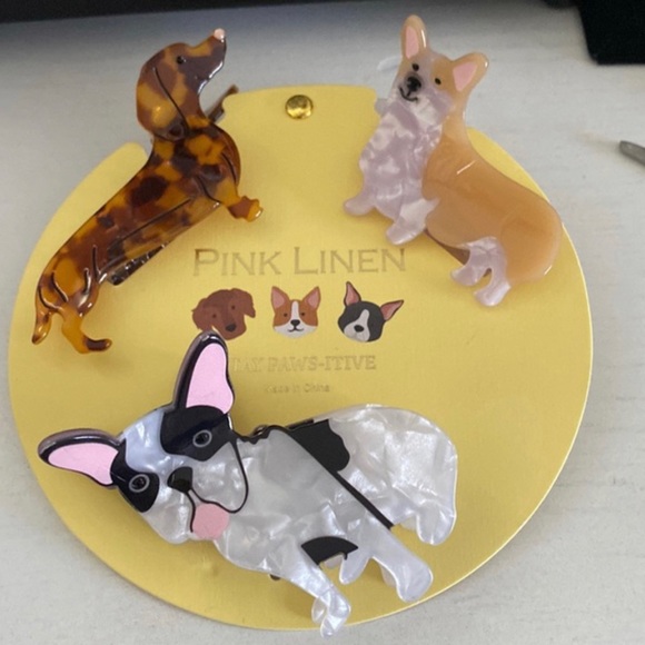 NWT 🐶 🐾 Pink Linen Stay Paw sitive! dog themed set of 3 hair claw clips - Picture 10 of 11